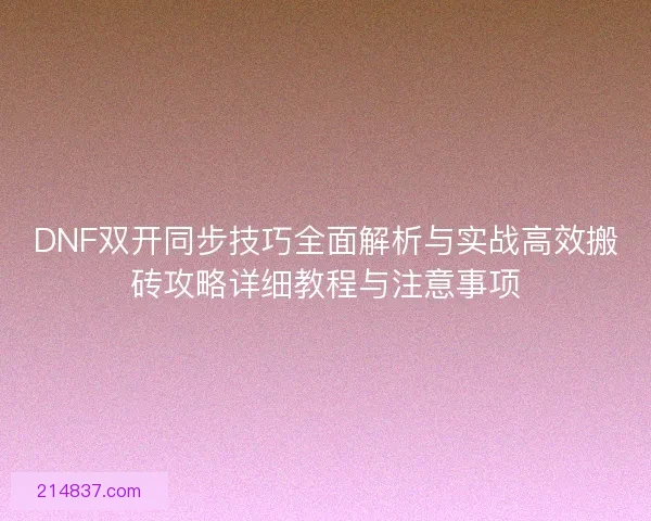 DNF双开同步技巧全面解析与实战高效搬砖攻略详细教程与注意事项